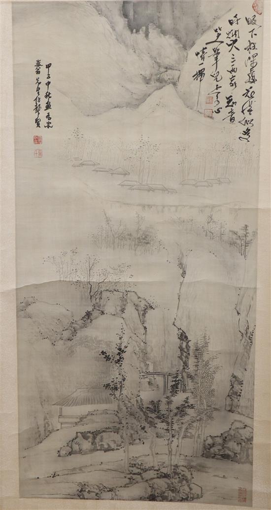 A Chinese scroll painting of figures in a landscape, and two other scrolls